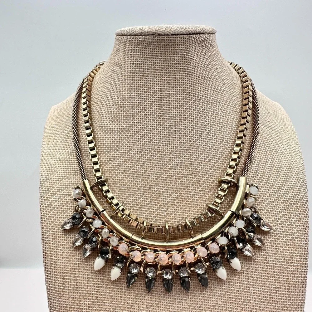 Vintage 90s Express Gold Tone Rhinestone Bib Necklace Statement‎ Fashion Jewelry